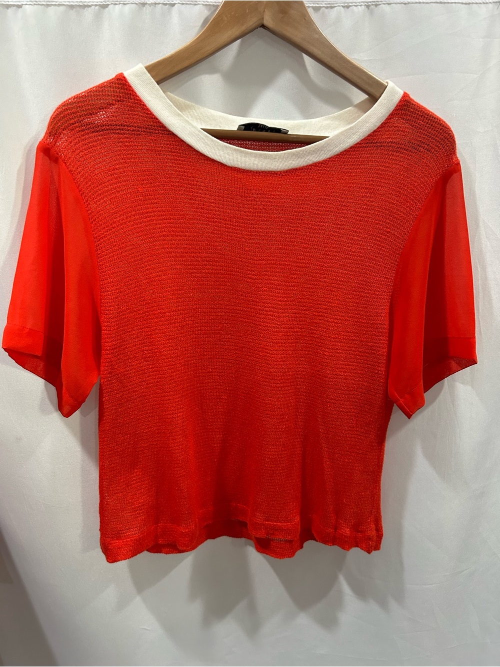 Sandro Open Mesh Knit Ringer Top with Cream Neckline EUC